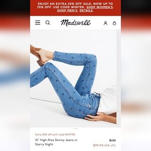 $135 Madewell Size 33 10" High-Rise Skinny Jeans in Starry Night